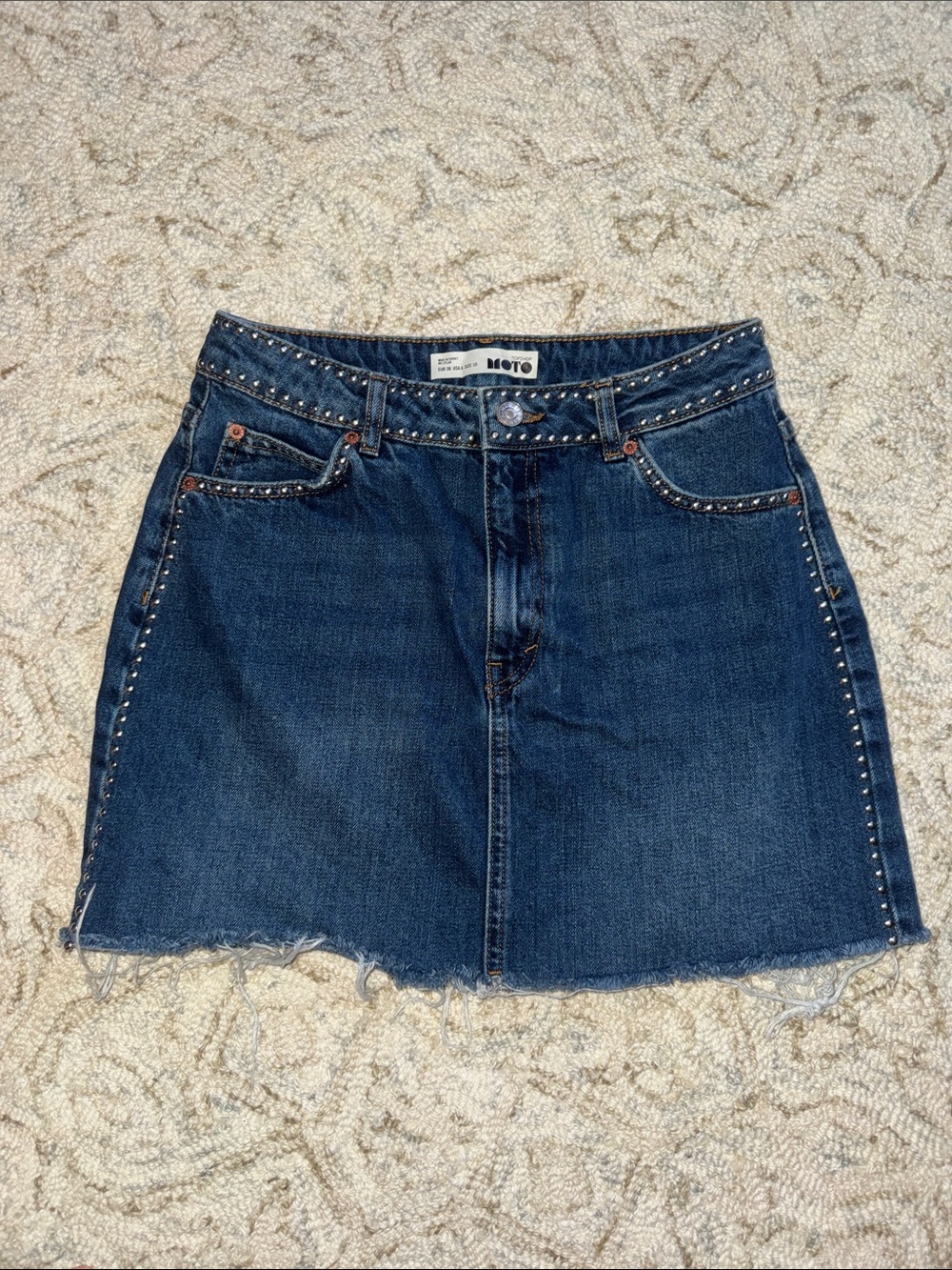 Topshop MOTO Dark Blue Denim Mini Skirt with Stud Trim